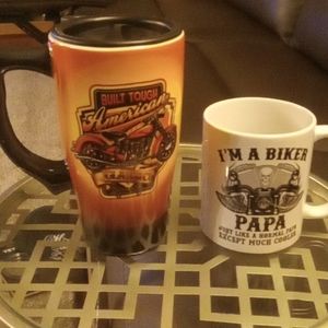 2 biker mugs. 1 travel with twist lid. 1 papa mug